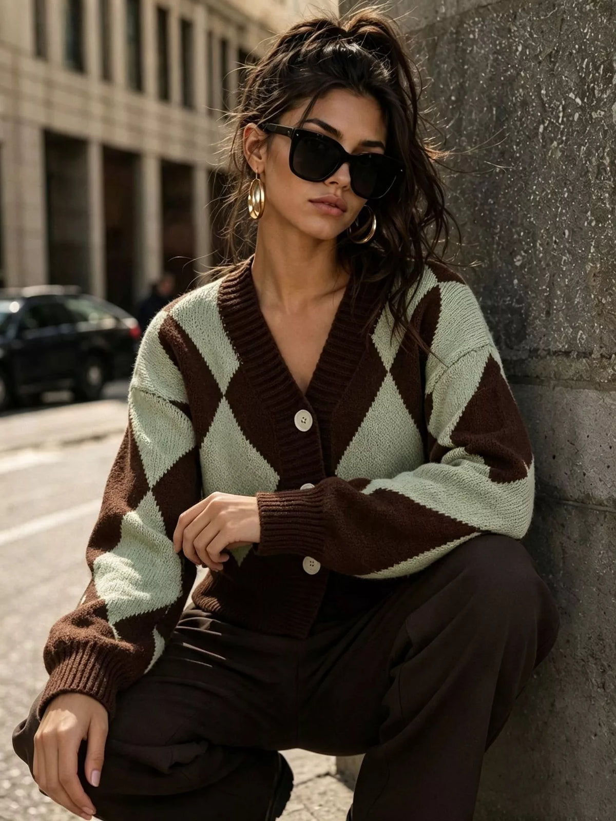 Argyle Pattern V-Neck Button-Down Cardigan