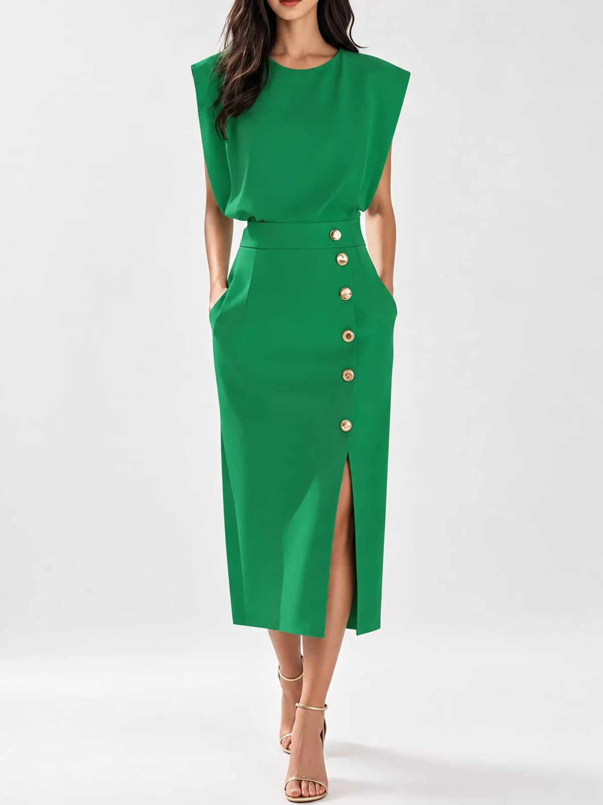 Sleeveless Midi Dress with Gold Button Detail and Side Slit