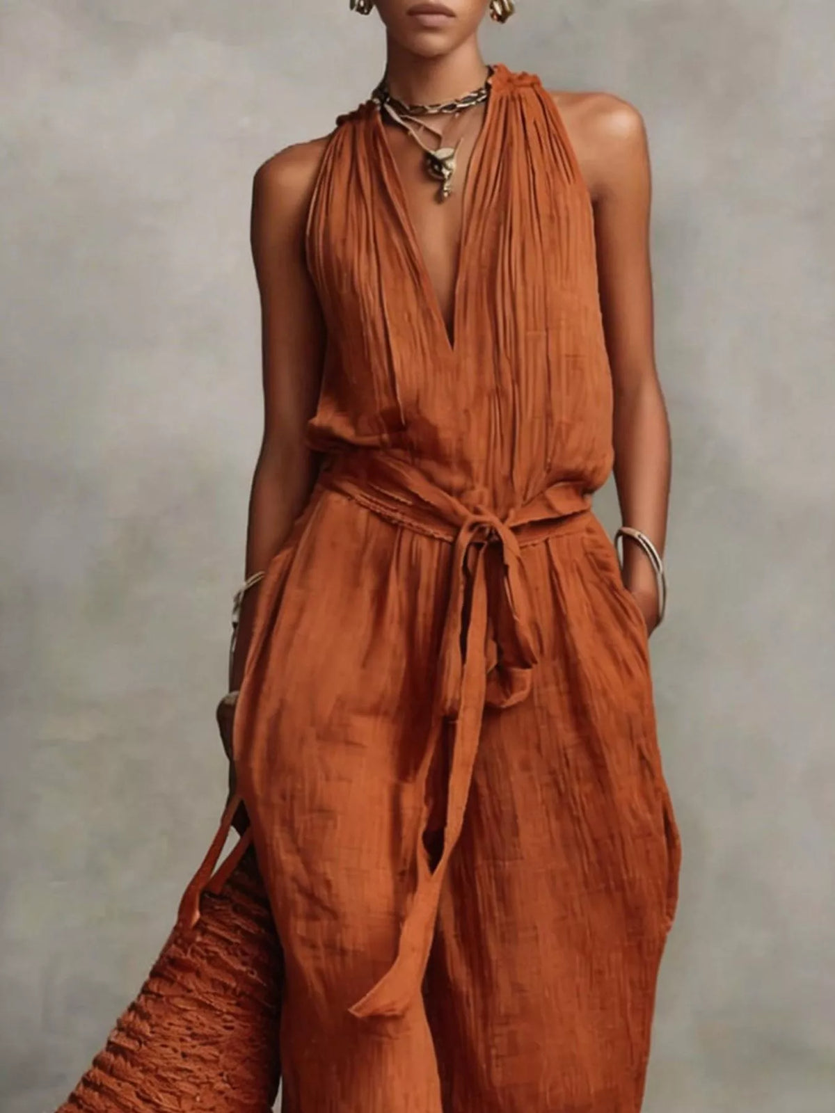 Sleeveless Wide-Leg Jumpsuit with Tie-Waist