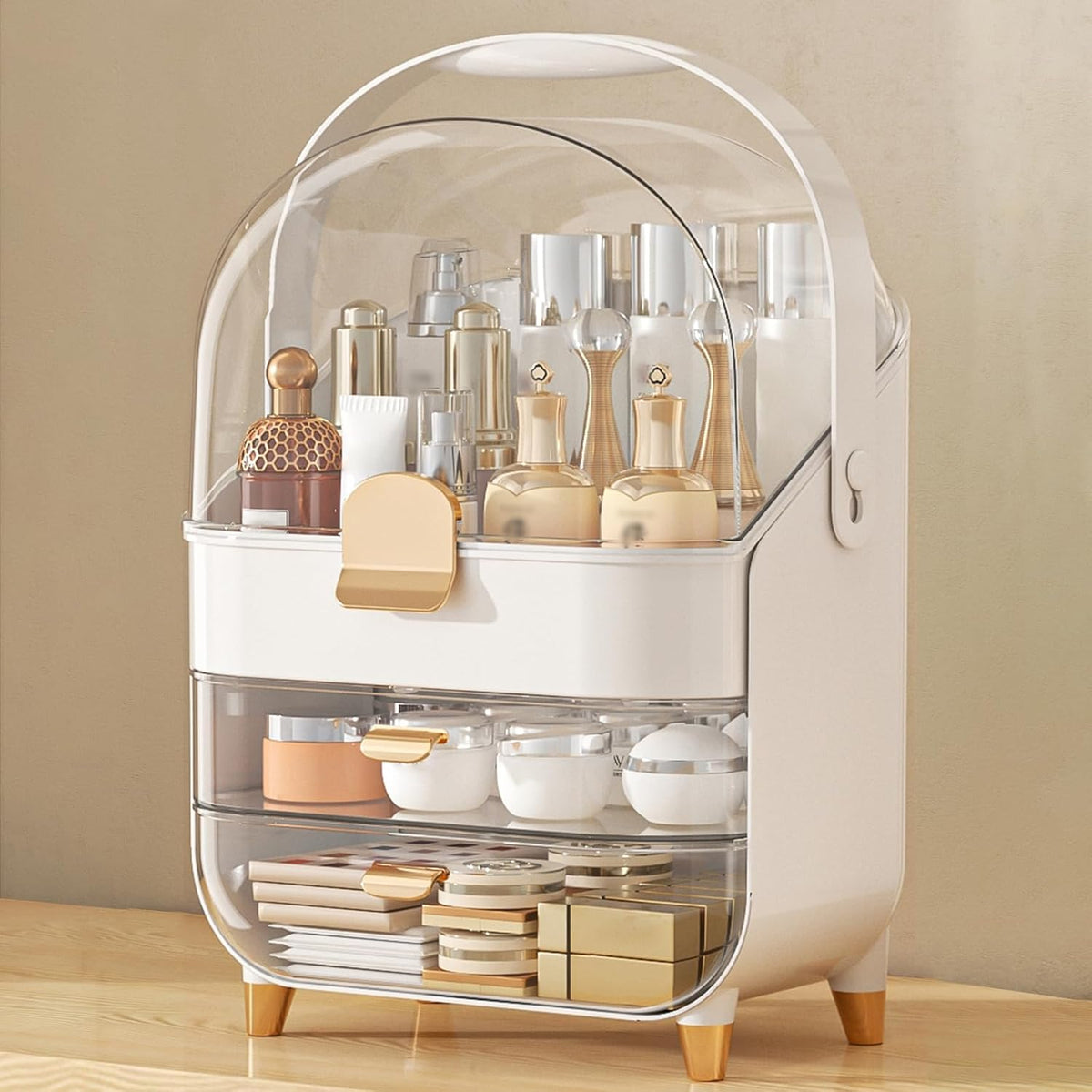 Makeup Organizer With Skincare Holder - Acrylic Cosmetic Storage Box, 4 Colors - Vanity & Bathroom Counter Organizer - Perfect Teen Girl Gift