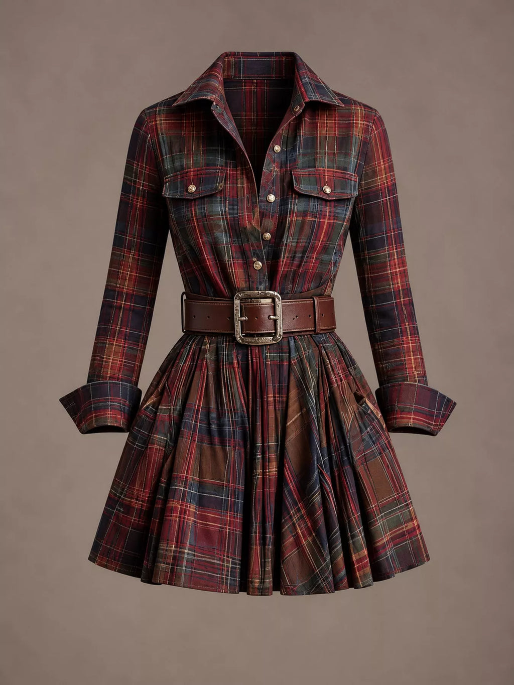 Plaid Long-Sleeve Shirt Dress
