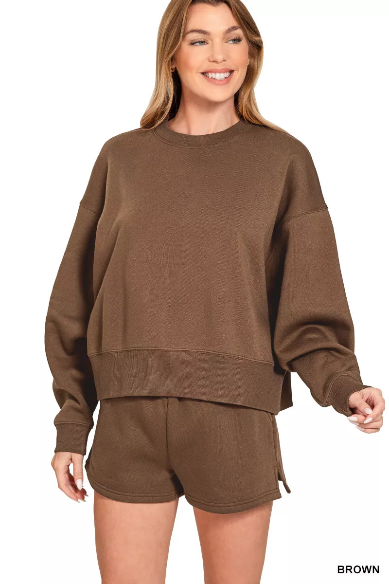 Zenana Fleece Round Neck Sweatshirt and Shorts Set
