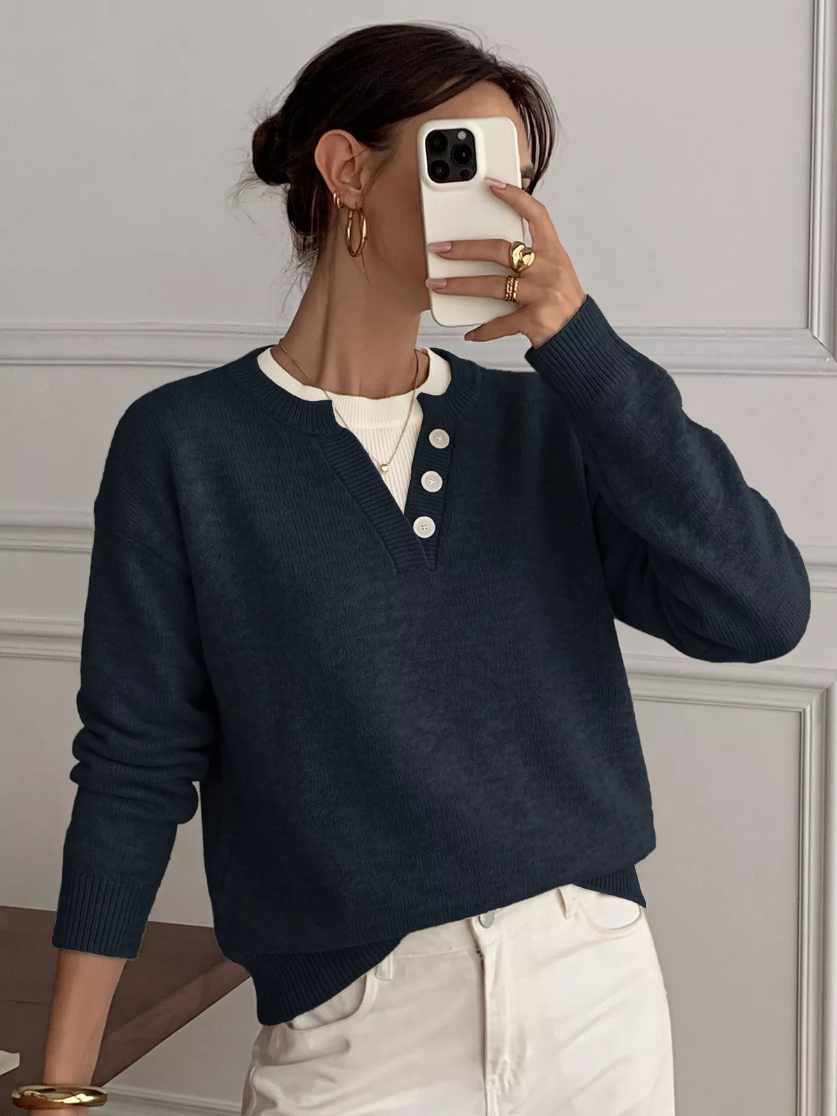 Dropped Shoulder Decorative Button Sweater