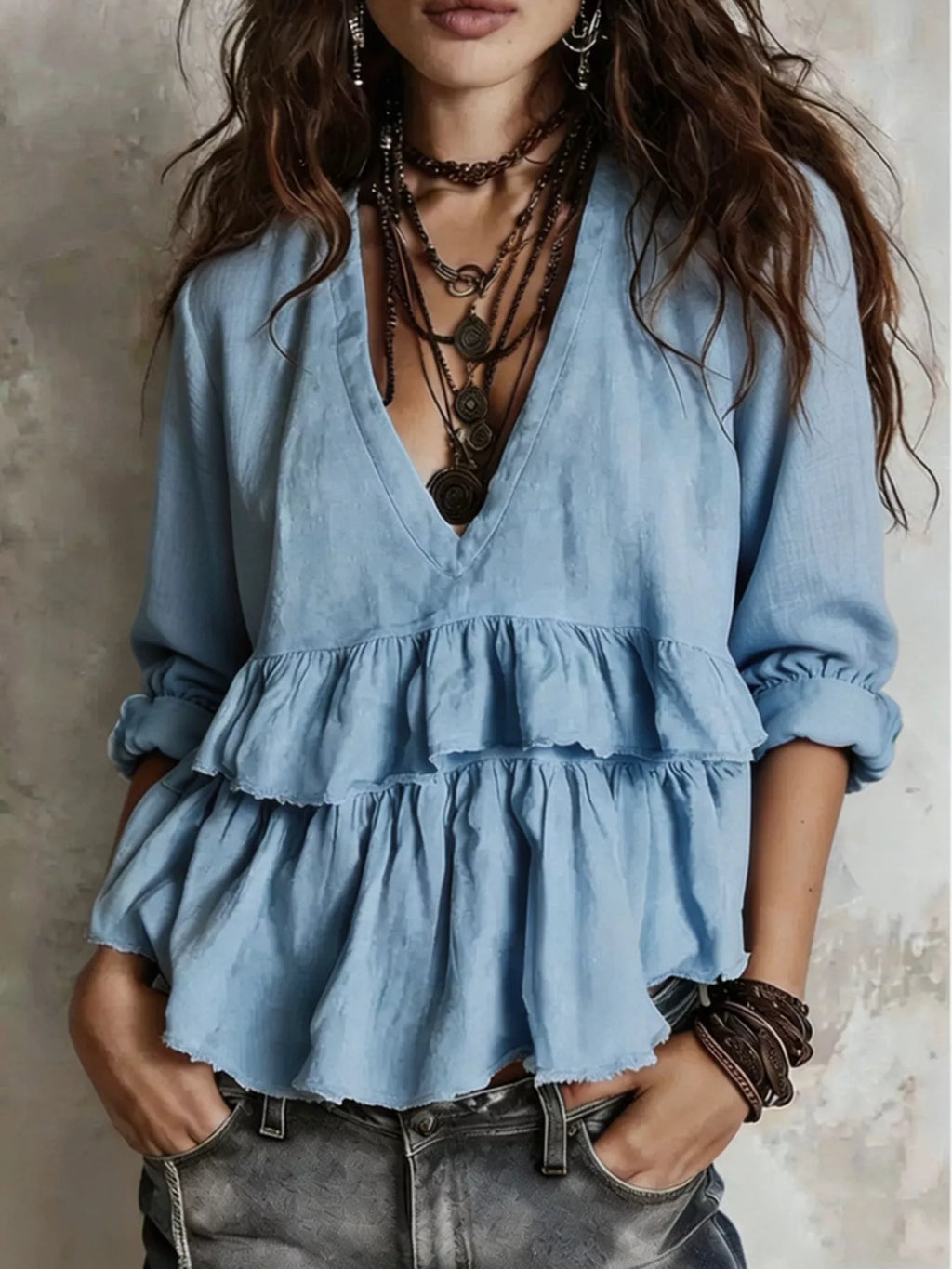 Full Size Ruffled Hem V-Neck Blouse Plus Size