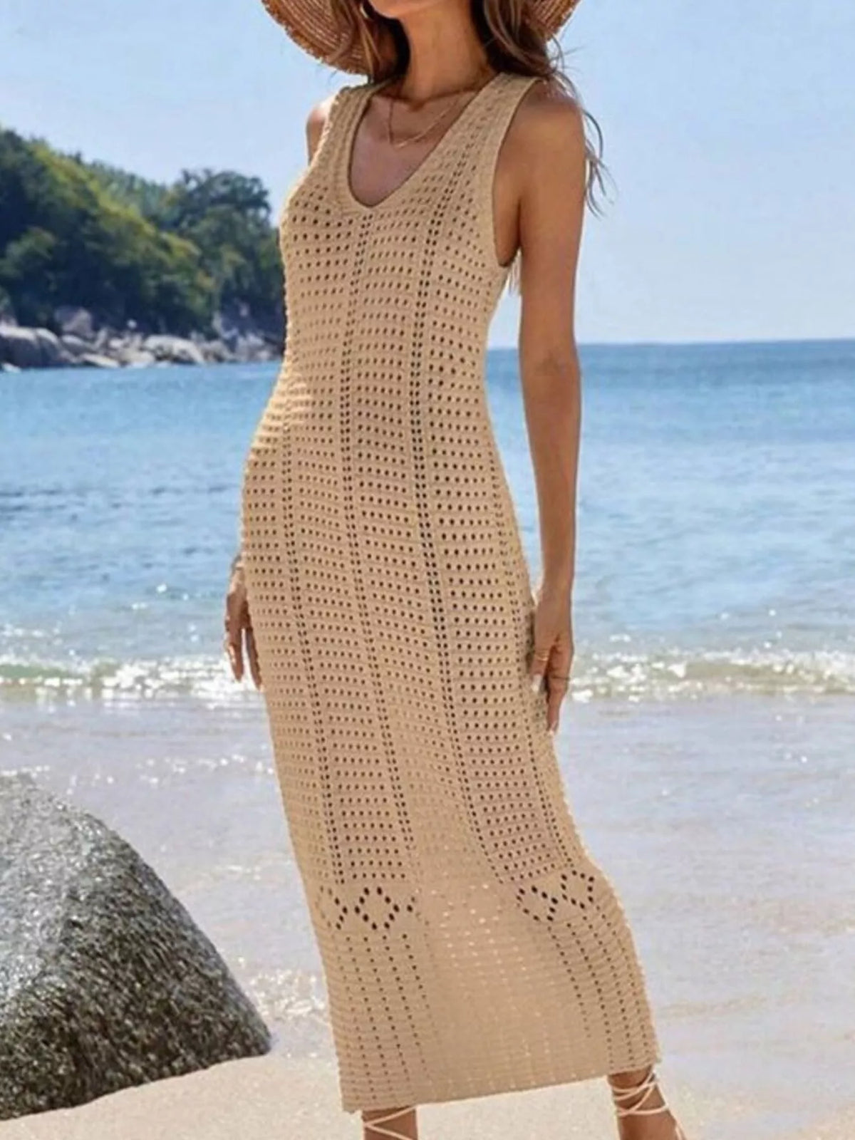 Sleeveless Crochet Knit Cover Up Maxi Dress