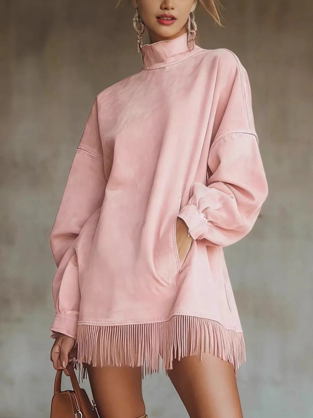 Full Size Mock Neck Fringed Hem Long Sleeve Mini Dress Plus Size