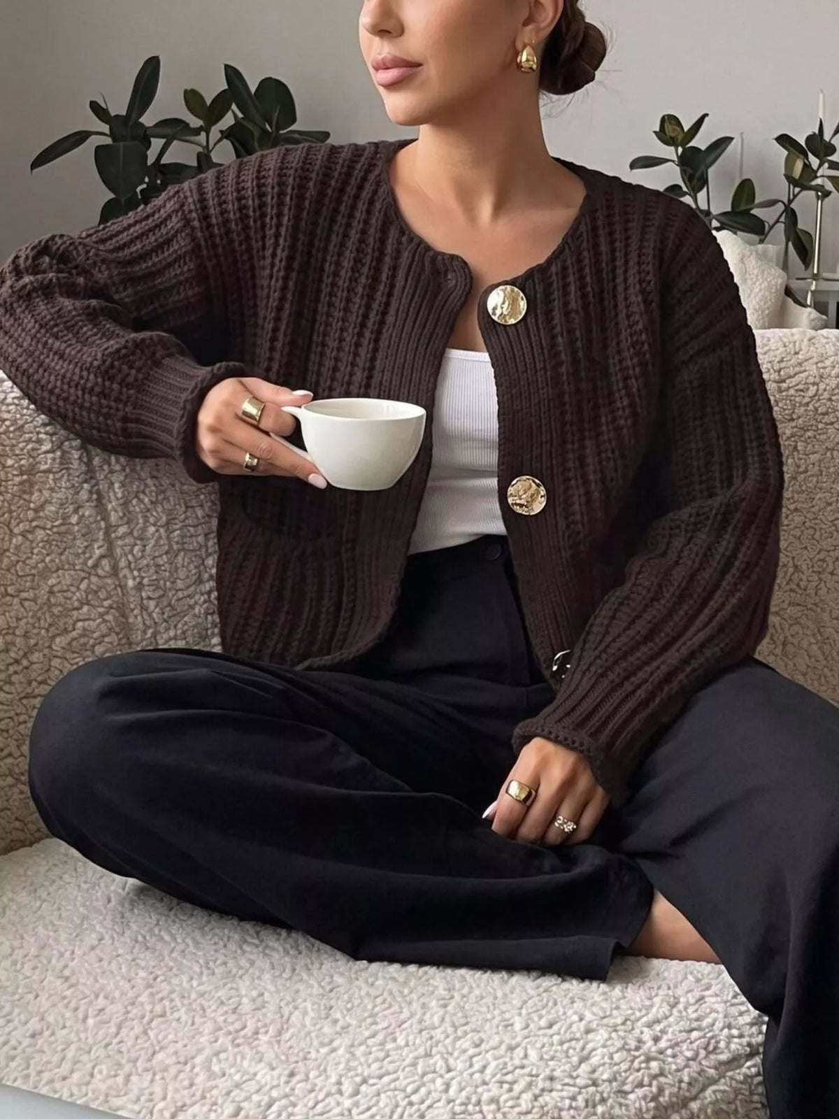 Ribbed Knit Cardigan with Gold-Tone Buttons