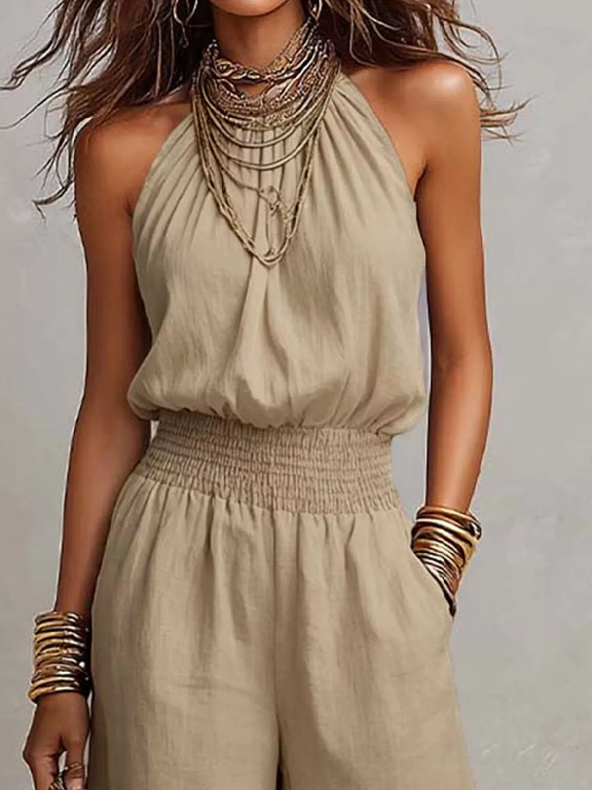 Halter Neck Wide-Leg Jumpsuit with Smocked Waist
