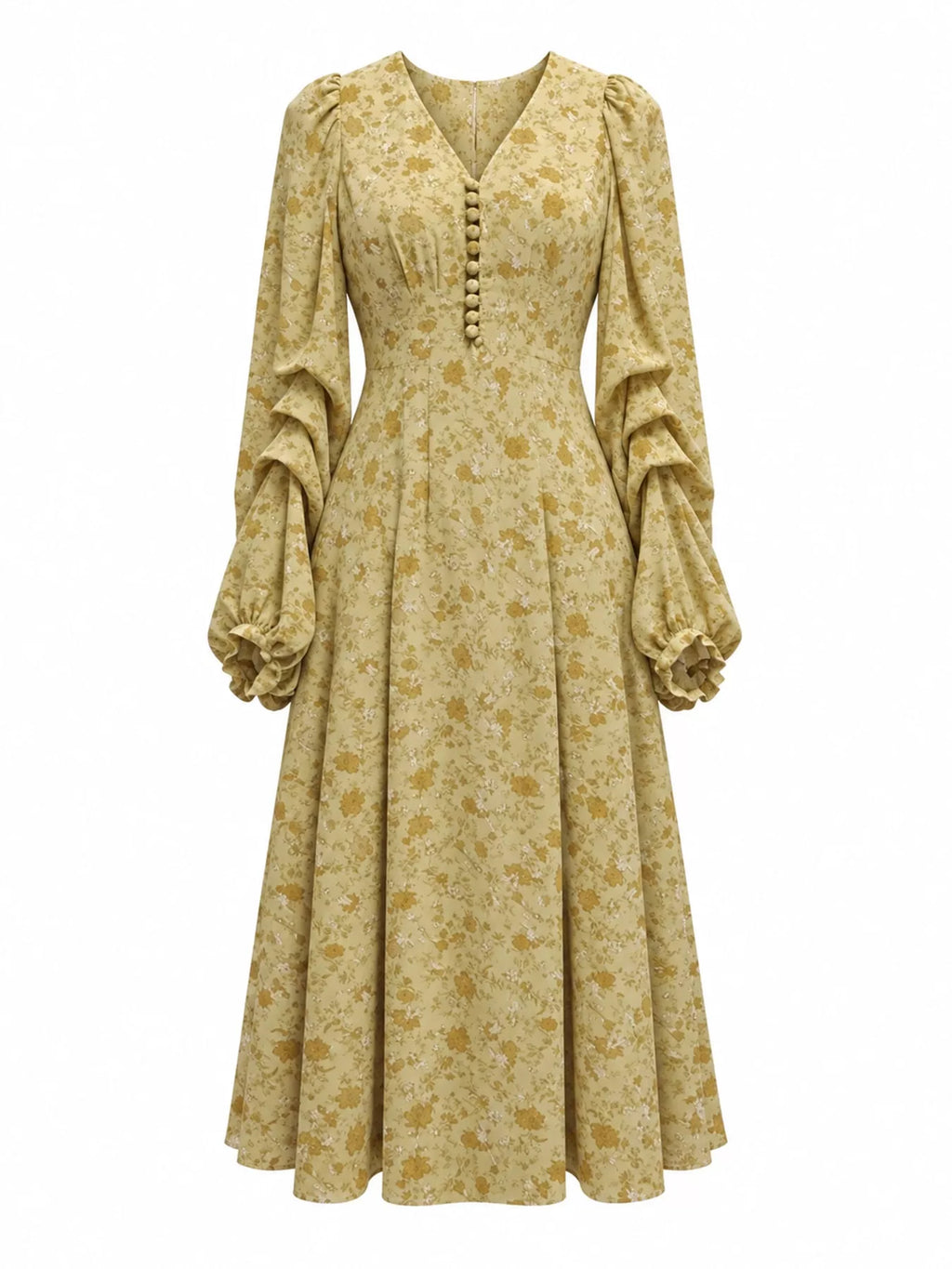 Vintage Floral Print V-Neck Long Sleeve Button-Down Midi Dress