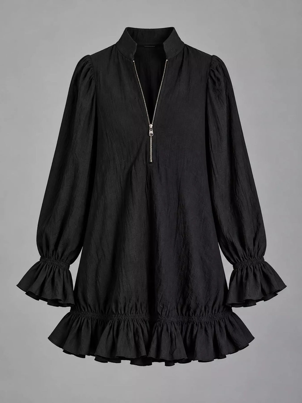 Zipper-Front Ruffle Hem Mini Dress