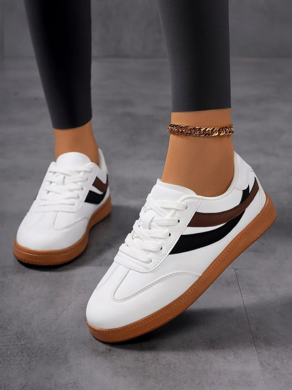 Lace Up Flat Sneakers with Stripe Accent