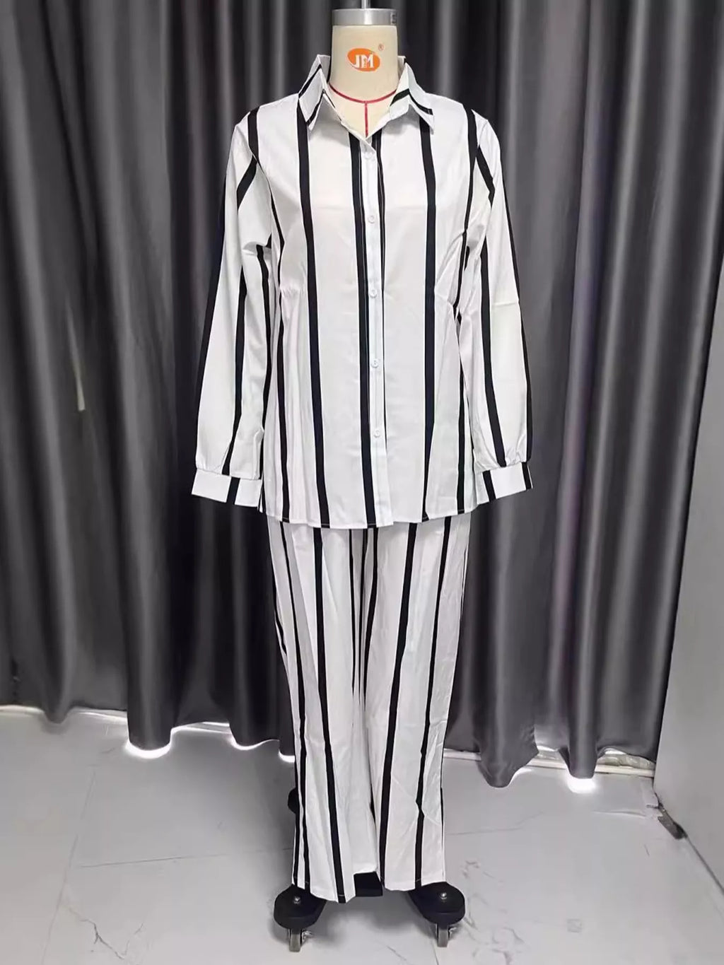 Striped Button-Down Shirt and Wide-Leg Pants Two-Piece Set