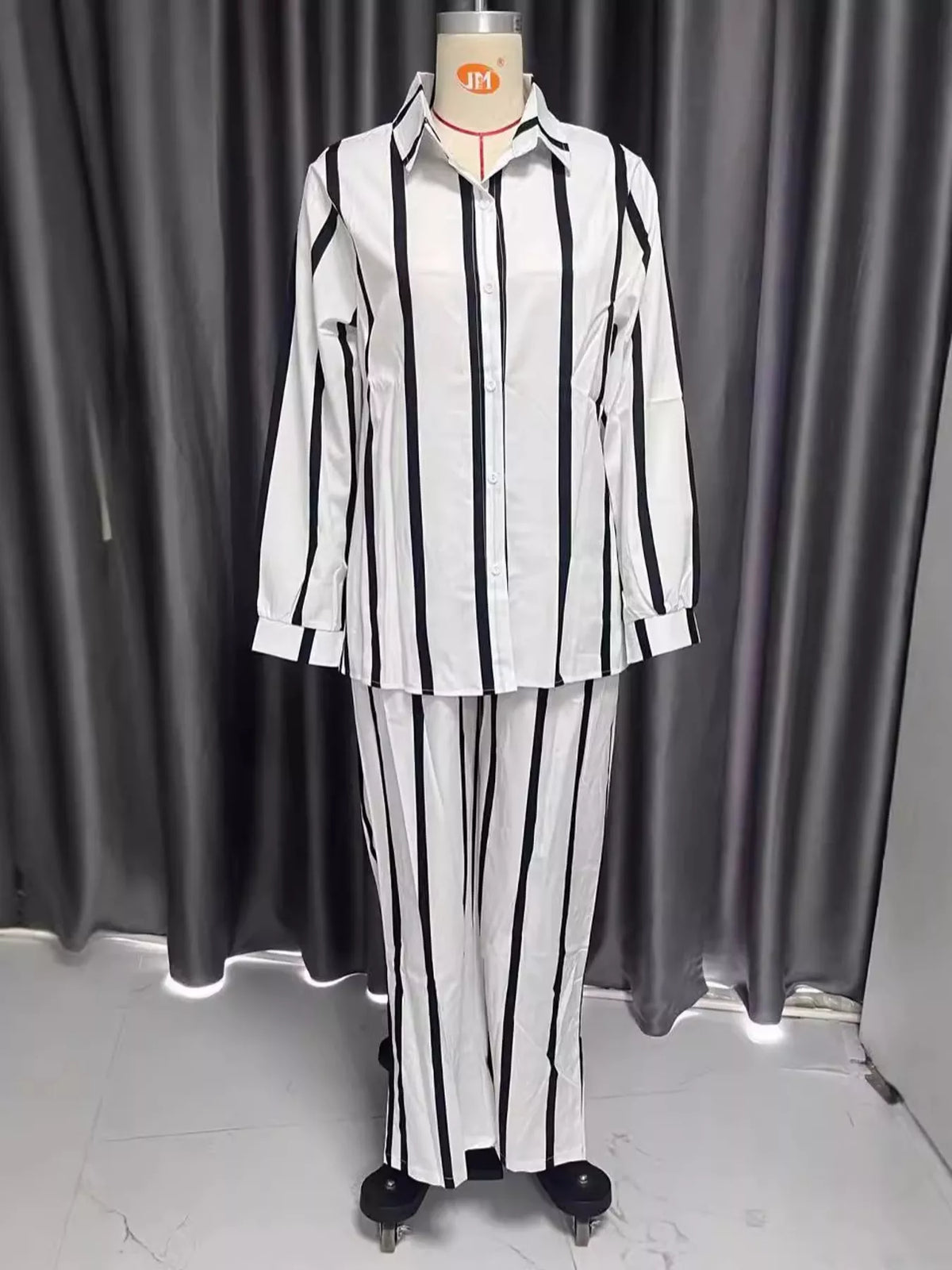 Striped Button-Down Shirt and Wide-Leg Pants Two-Piece Set