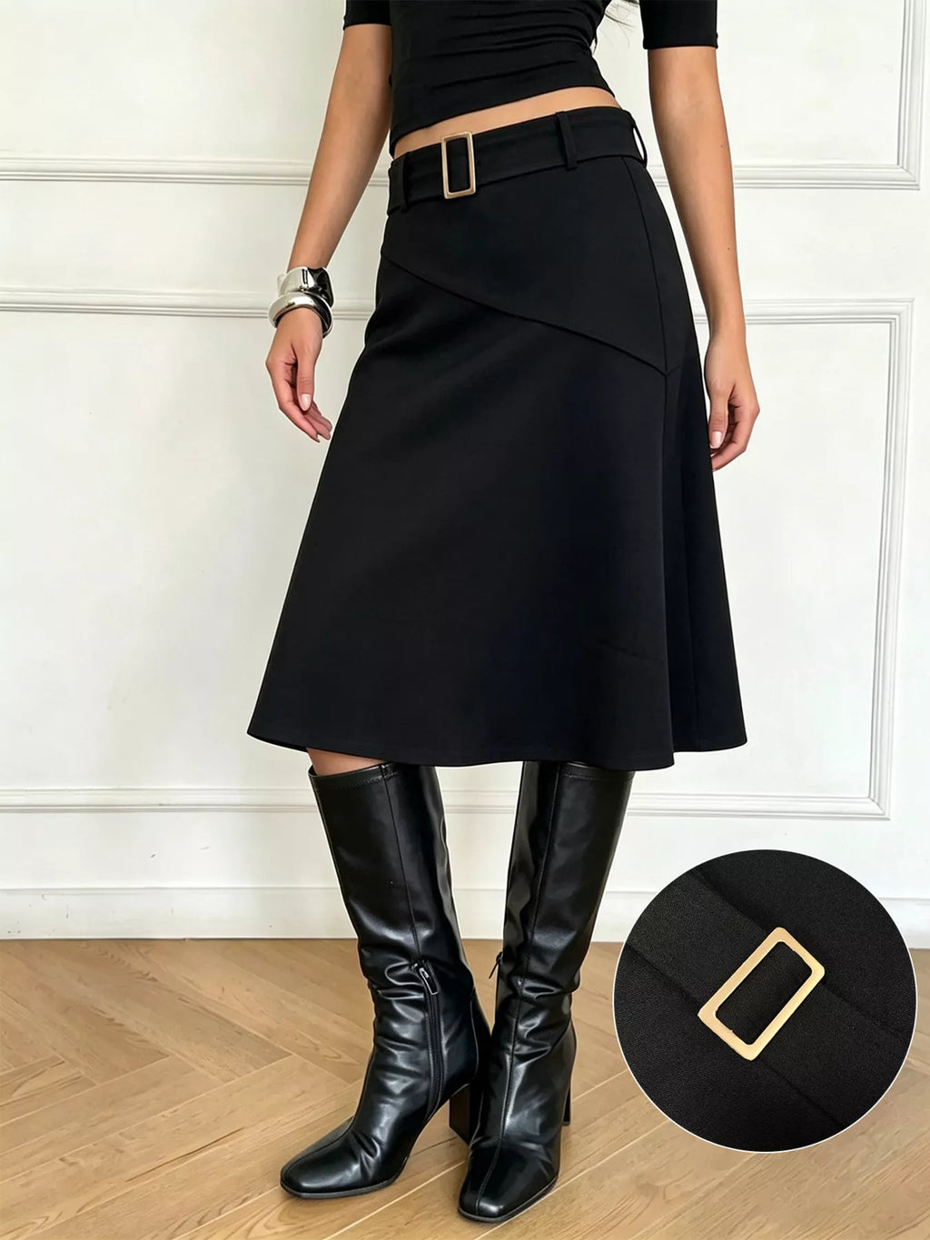 High-Waisted A-Line Midi Skirt with Belted Detail