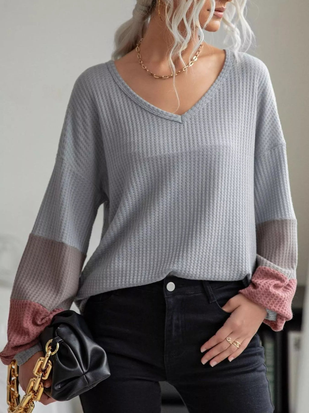 V-Neck Waffle Knit Long Sleeve T-Shirt