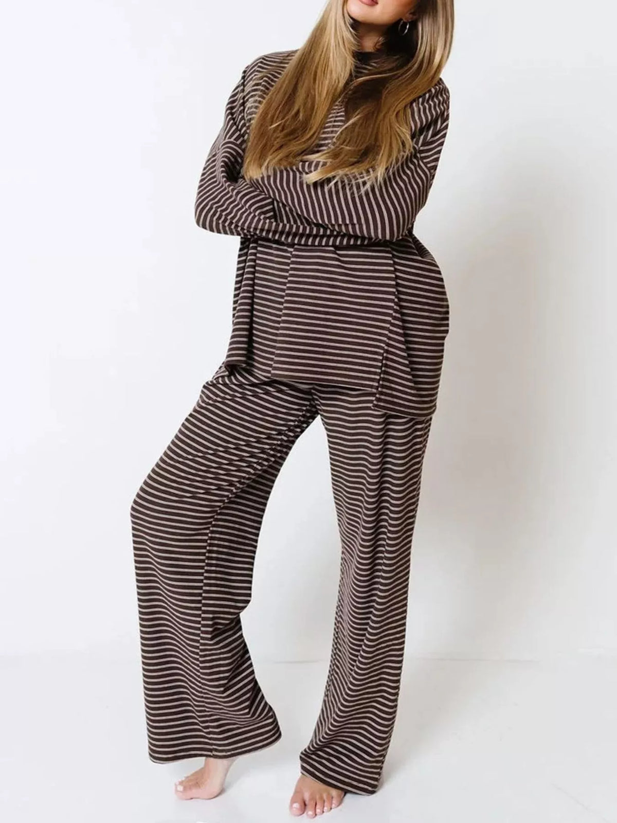 Striped Dropped Shoulder Top and Pants Lounge Set