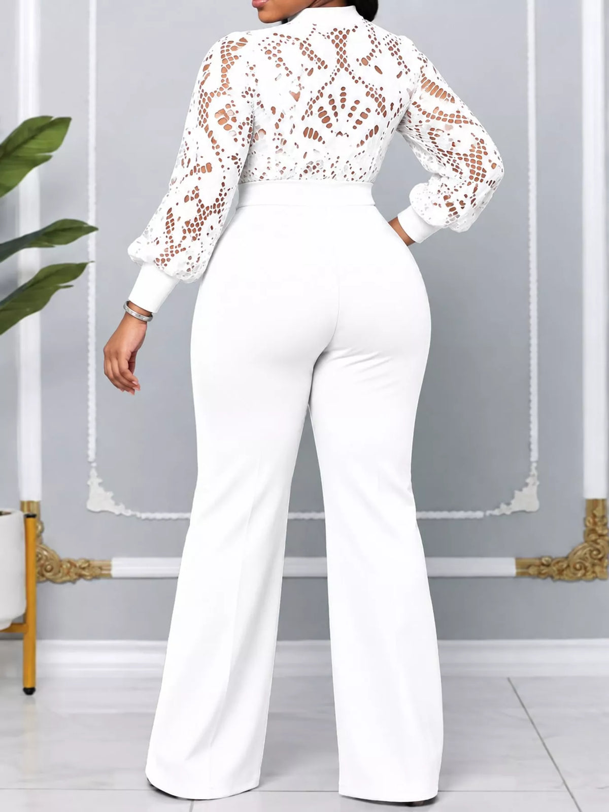 Full Size Lace Lantern Sleeve Flare Jumpsuit Plus Size