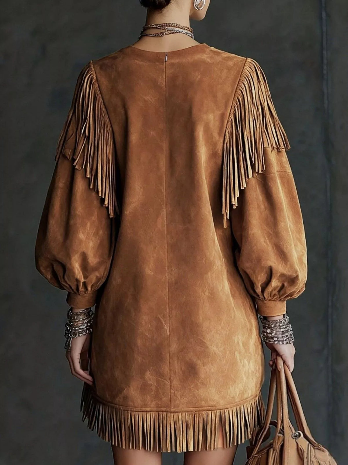 Fringe Detail Lantern Sleeve Mini Dress