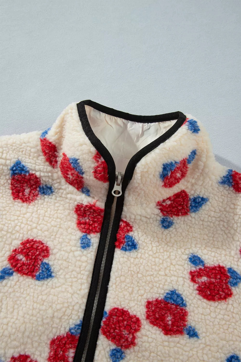 Floral Print Zipper Stand Neck Outerwear Fleece Coat
