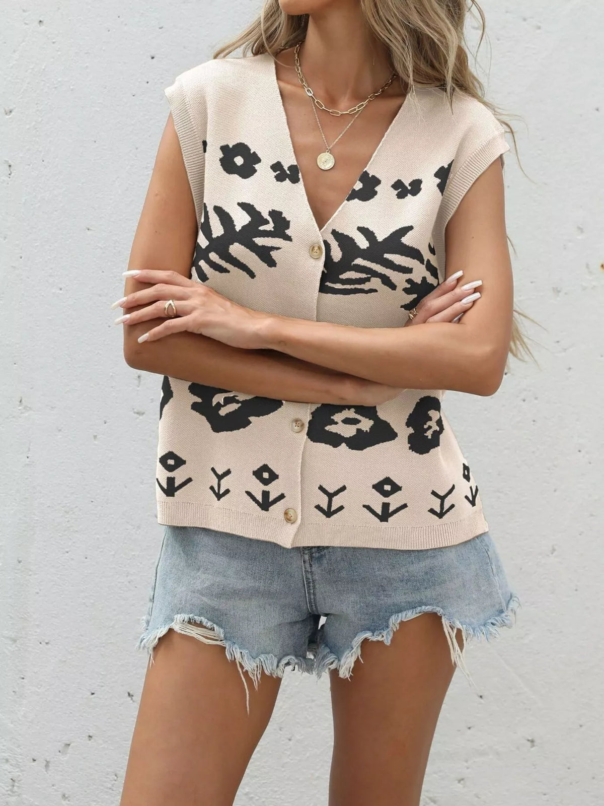 Floral V-Neck Sleeveless Vest