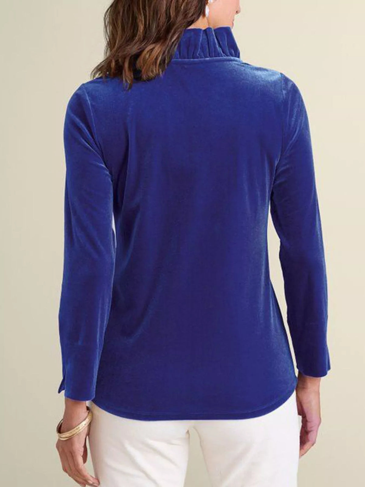 Velvet Long Sleeve Blouse with Ruffled V-Neck