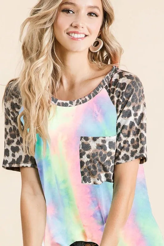 BiBi Tie Dye Knit Top with Leopard Raglan Sleeves