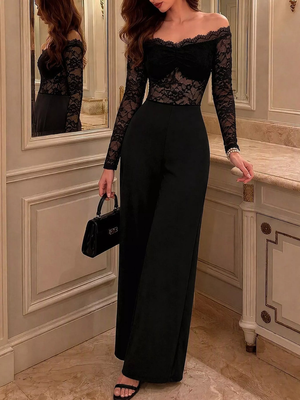 Off-Shoulder Lace Long Sleeve Wide-Leg Jumpsuit