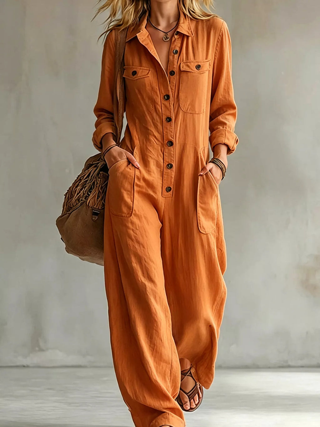 Full Size Long Sleeve Button Front Jumpsuit Plus Size