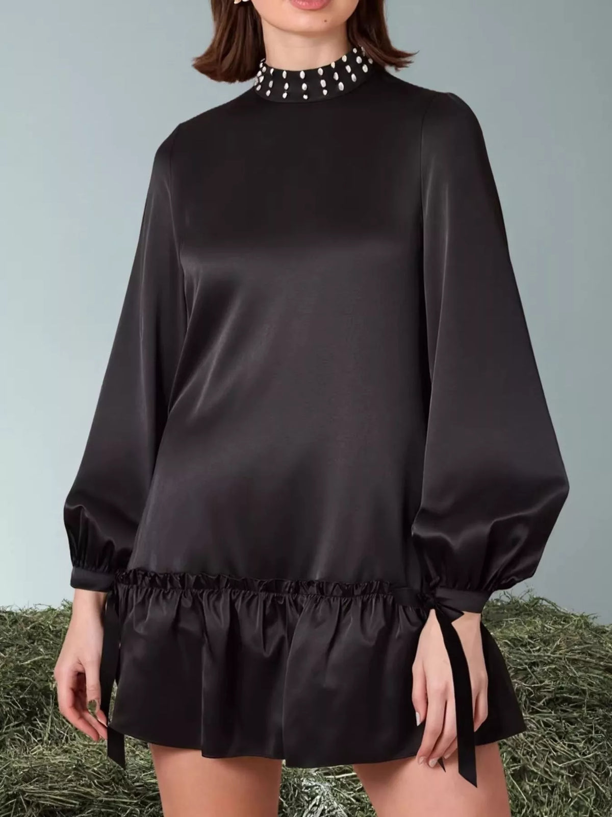 Pearl-Embellished Mock Neck Ruffle Hem Dress