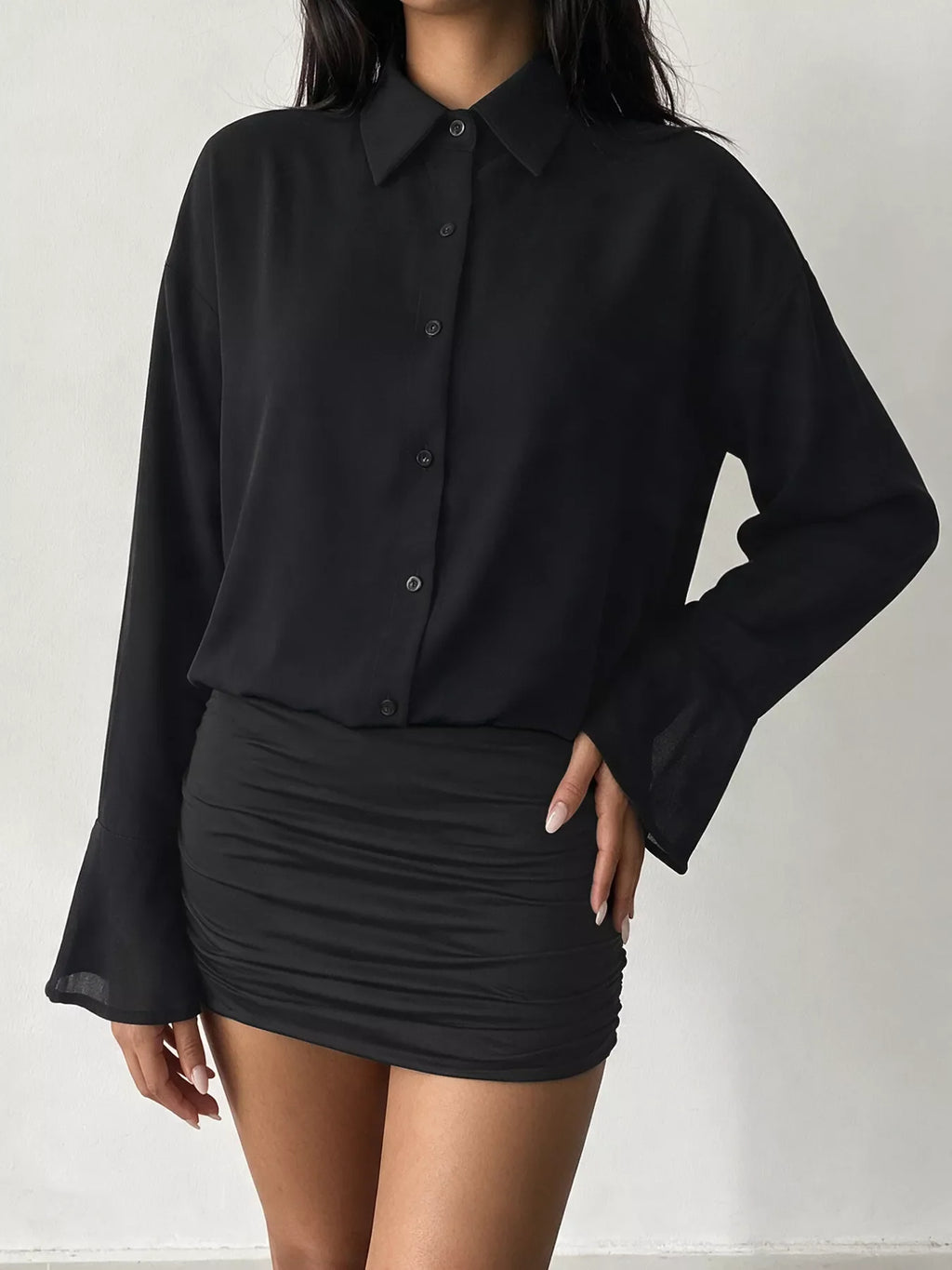 Button Front Flounce Sleeve Bodycon Shirt Dress
