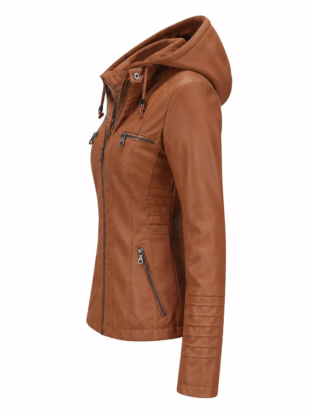 Full Size Detachable Hooded Faux Leather Moto Jacket Plus Size