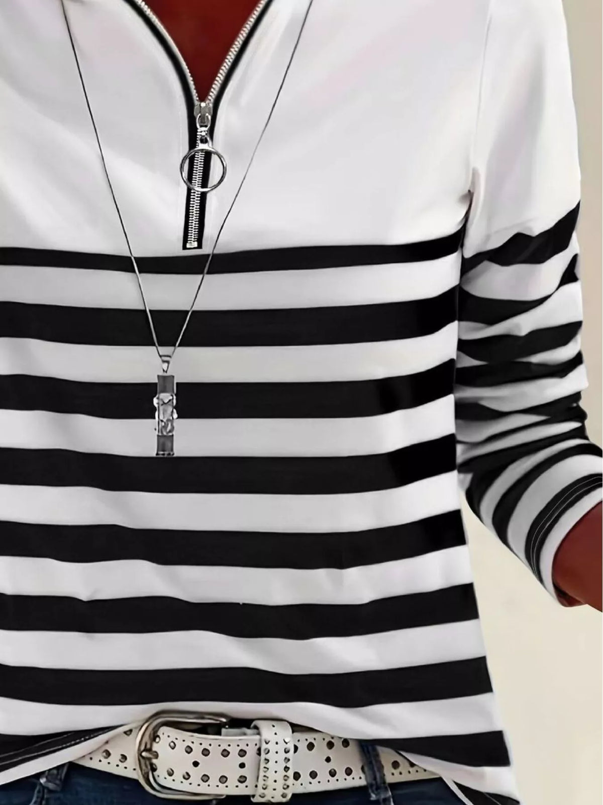 Quarter-Zip Striped Long Sleeve T-Shirt