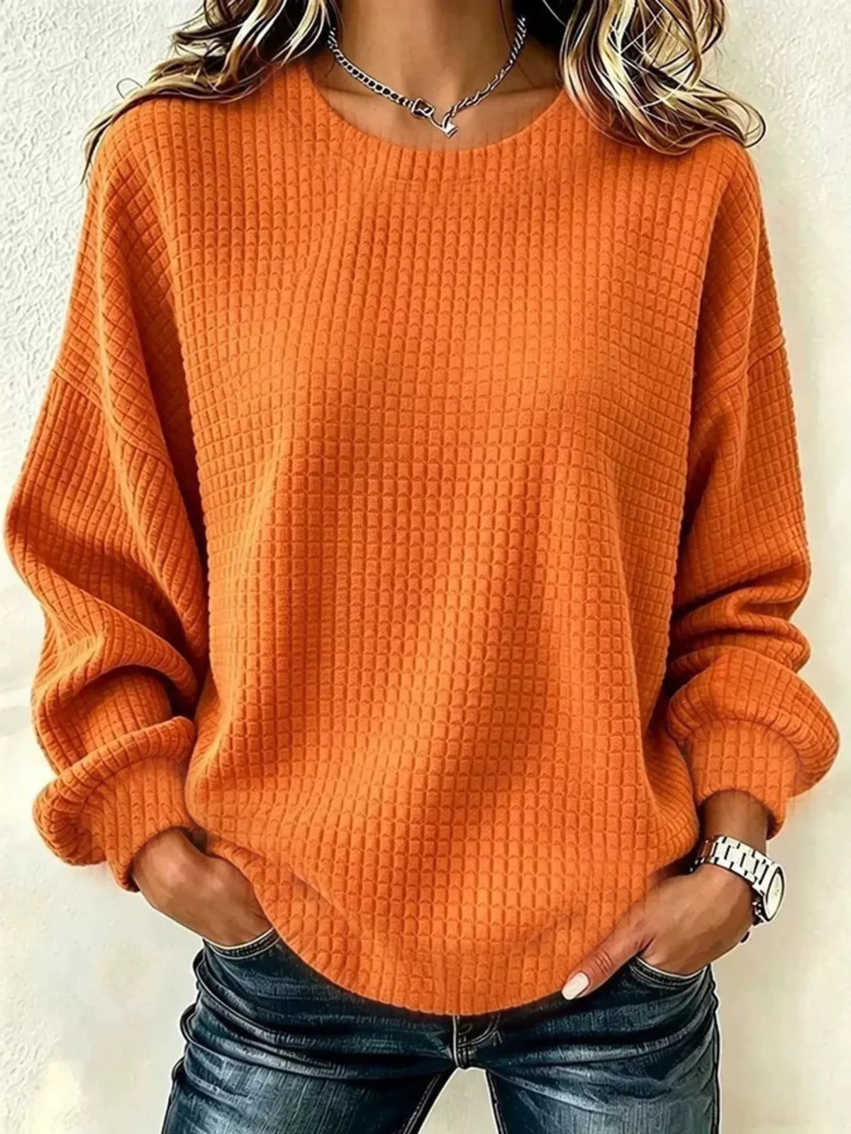 Full Size Textured Crew Neck Long Sleeve Sweatshirt Plus Size