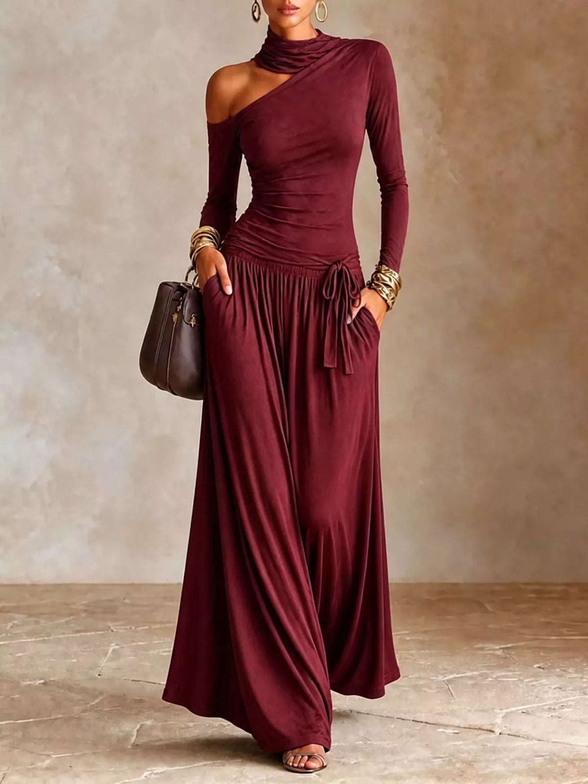 Asymmetric Cutout Long Sleeve Maxi Dress