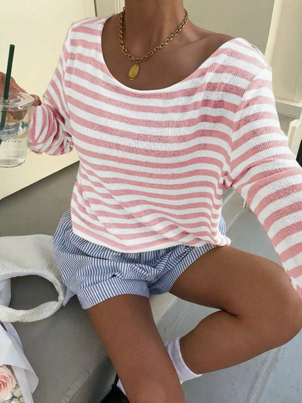 Boat Neck Striped Long Sleeve T-Shirt