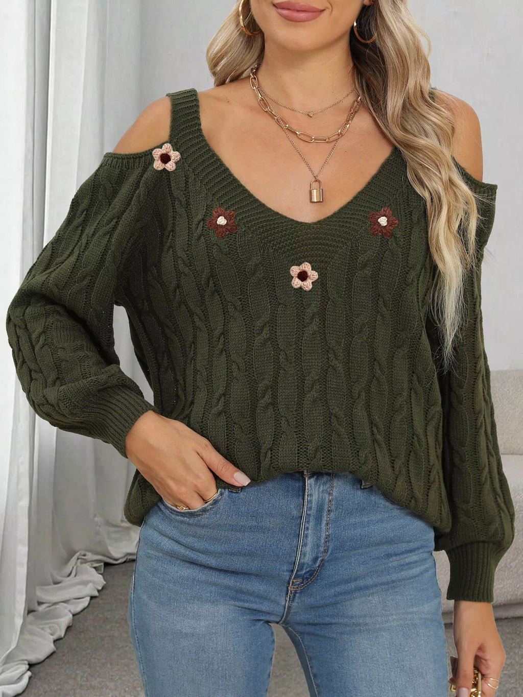 Floral Applique Cold Shoulder Cable Knit Sweater