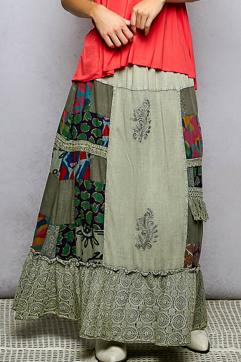 POL Printed Patchwork Embroidered Ruffled Skirt