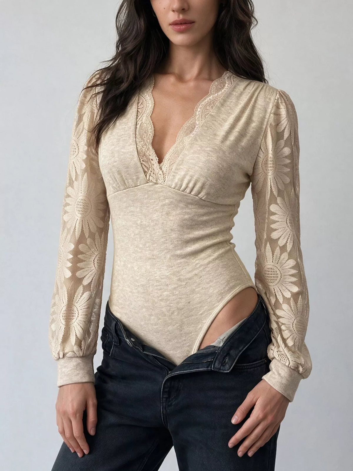 V-Neck Lace Trim Floral Mesh Sleeve Bodysuit