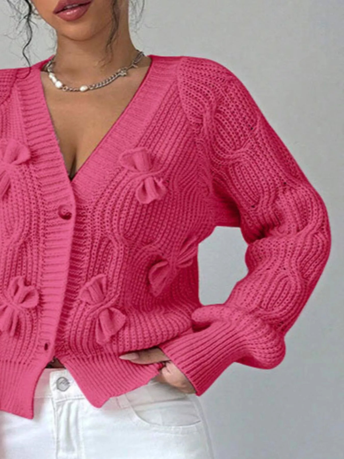 Bow Cable Knit V-Neck Cardigan