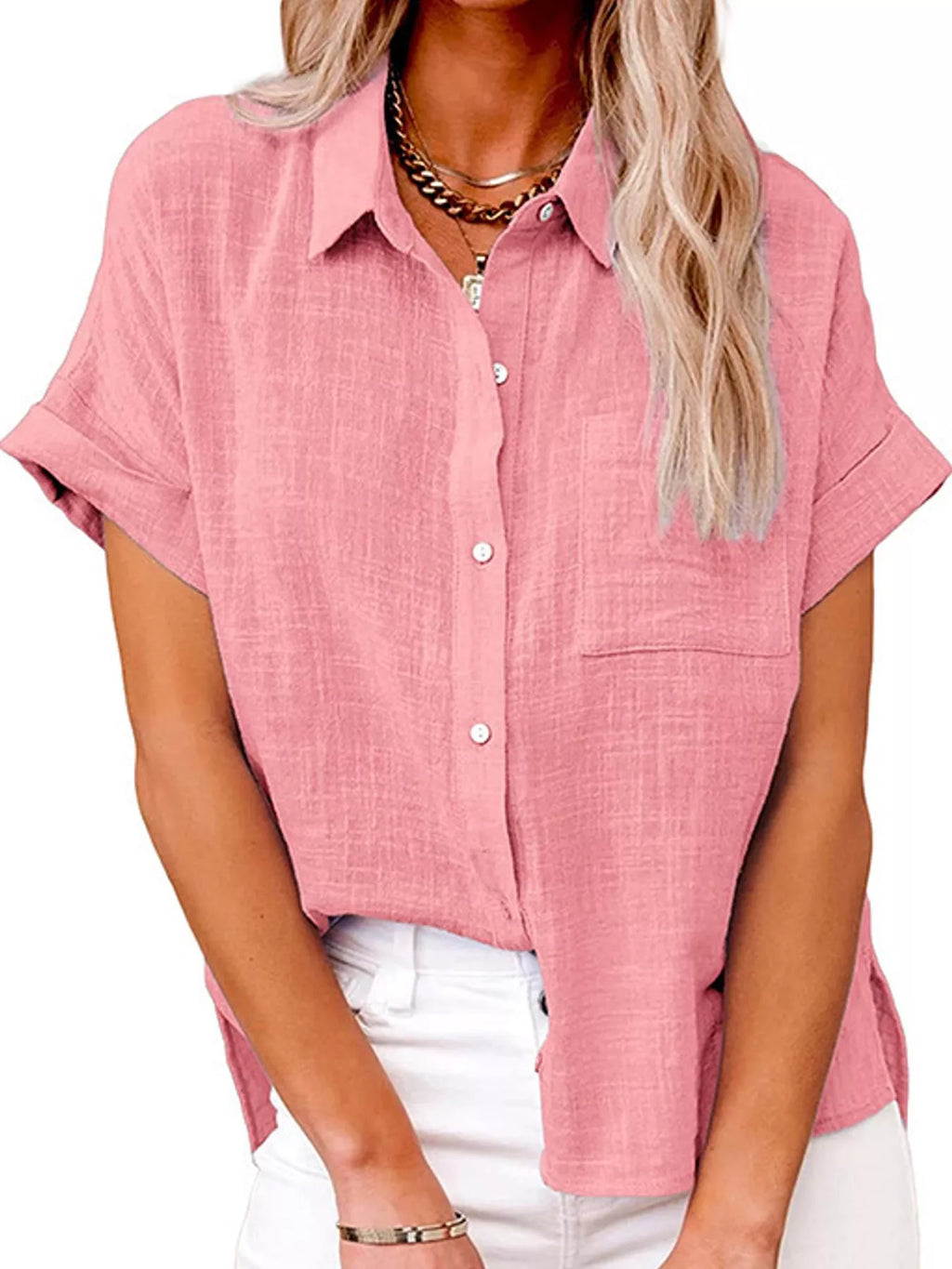 Full Size Button Up Short Sleeve Shirt Plus Size
