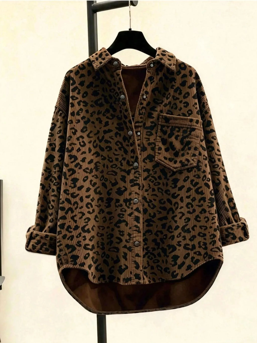Oversized Leopard Corduroy Button-Down Shirt