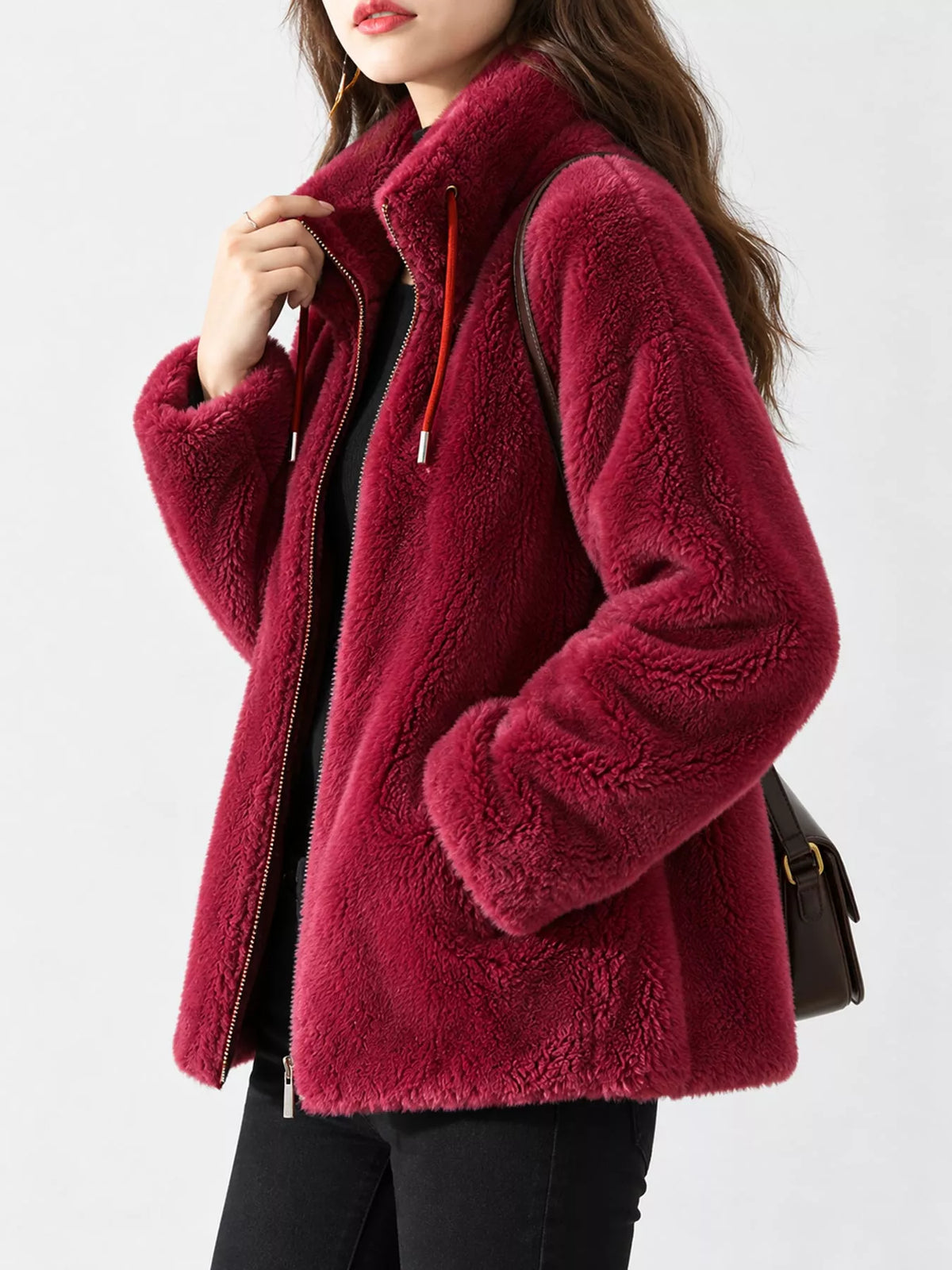 Full Size Drawstring Faux Fur Stand-Collar Zip-Up Outerwear Plus Size