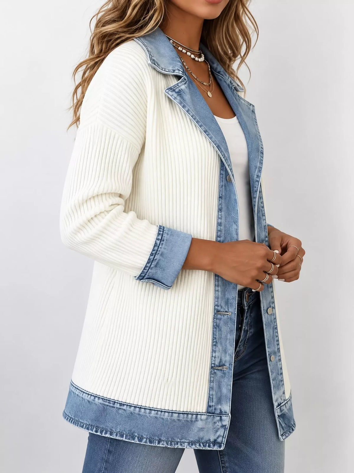 Full Size Denim Trim Ribbed Knit Cardigan Plus Size