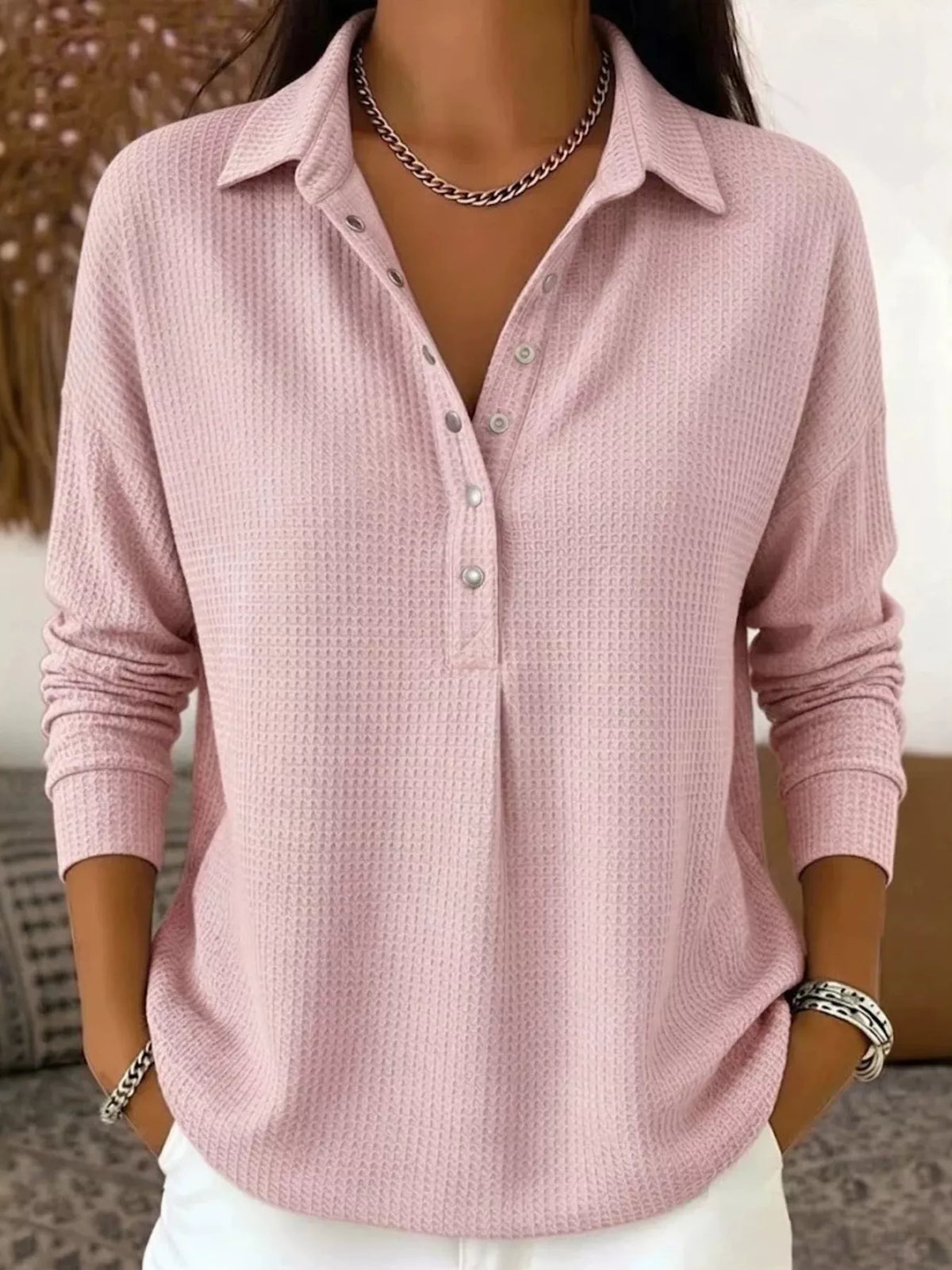 Waffle Knit Snap Down Blouse