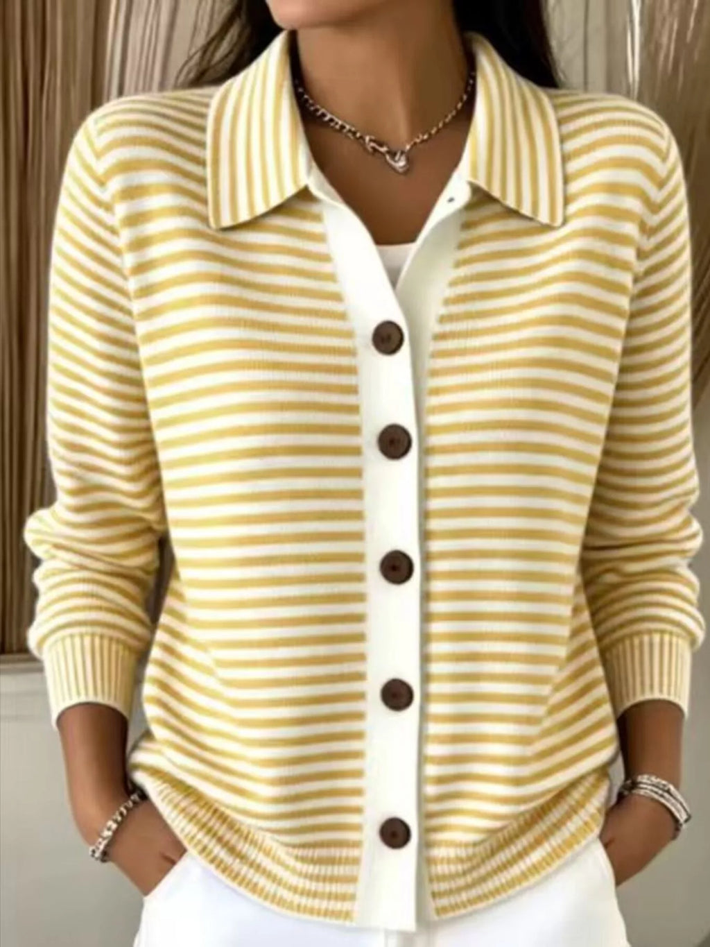 Striped Collared Button-Down Knit Cardigan