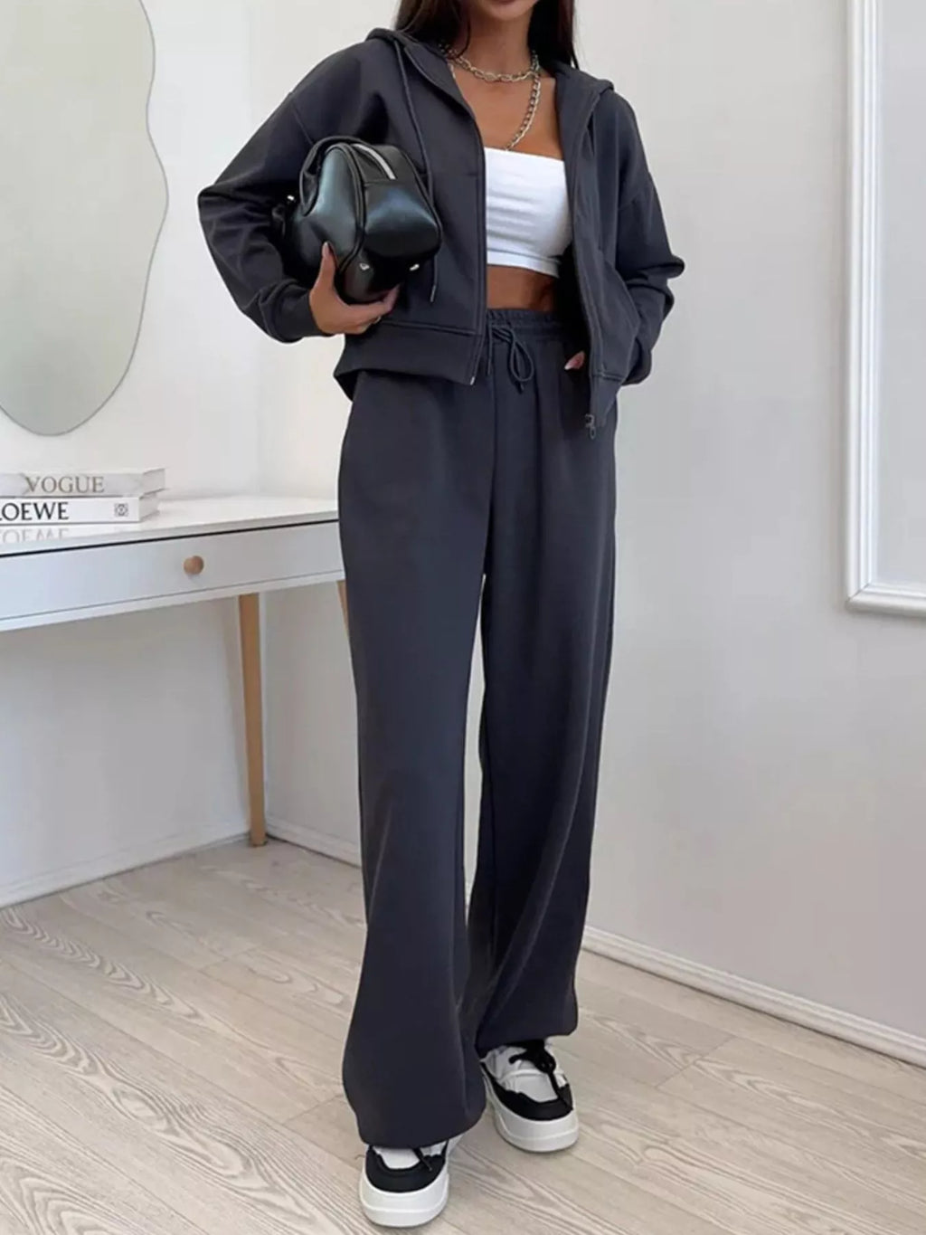 Zip-Up Hoodie and Wide-Leg Pants Set