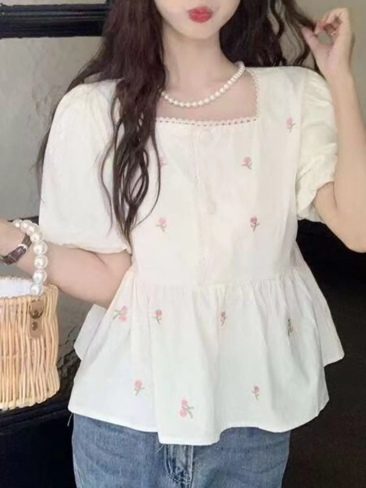 Floral Embroidered Puff Sleeve Peplum Blouse
