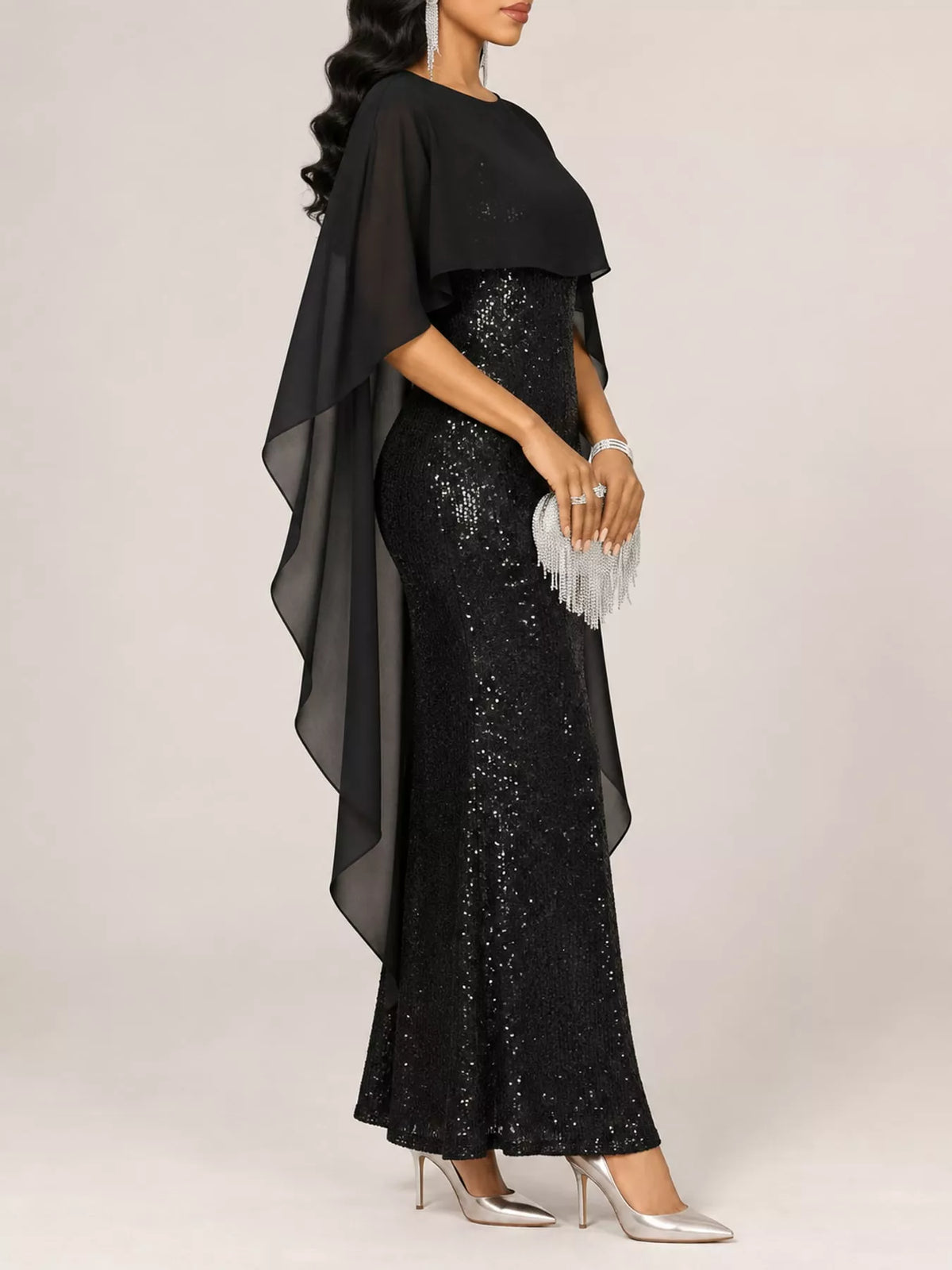 Sequin Cape Overlay Evening Dress