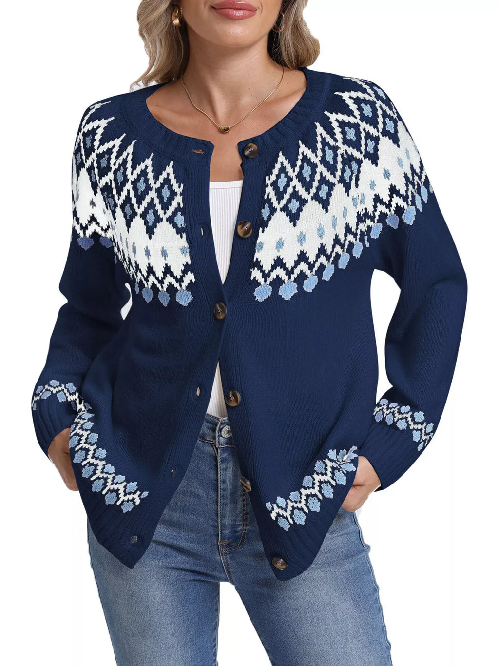 Fair Isle Patterned Button-Down Knit Cardigan