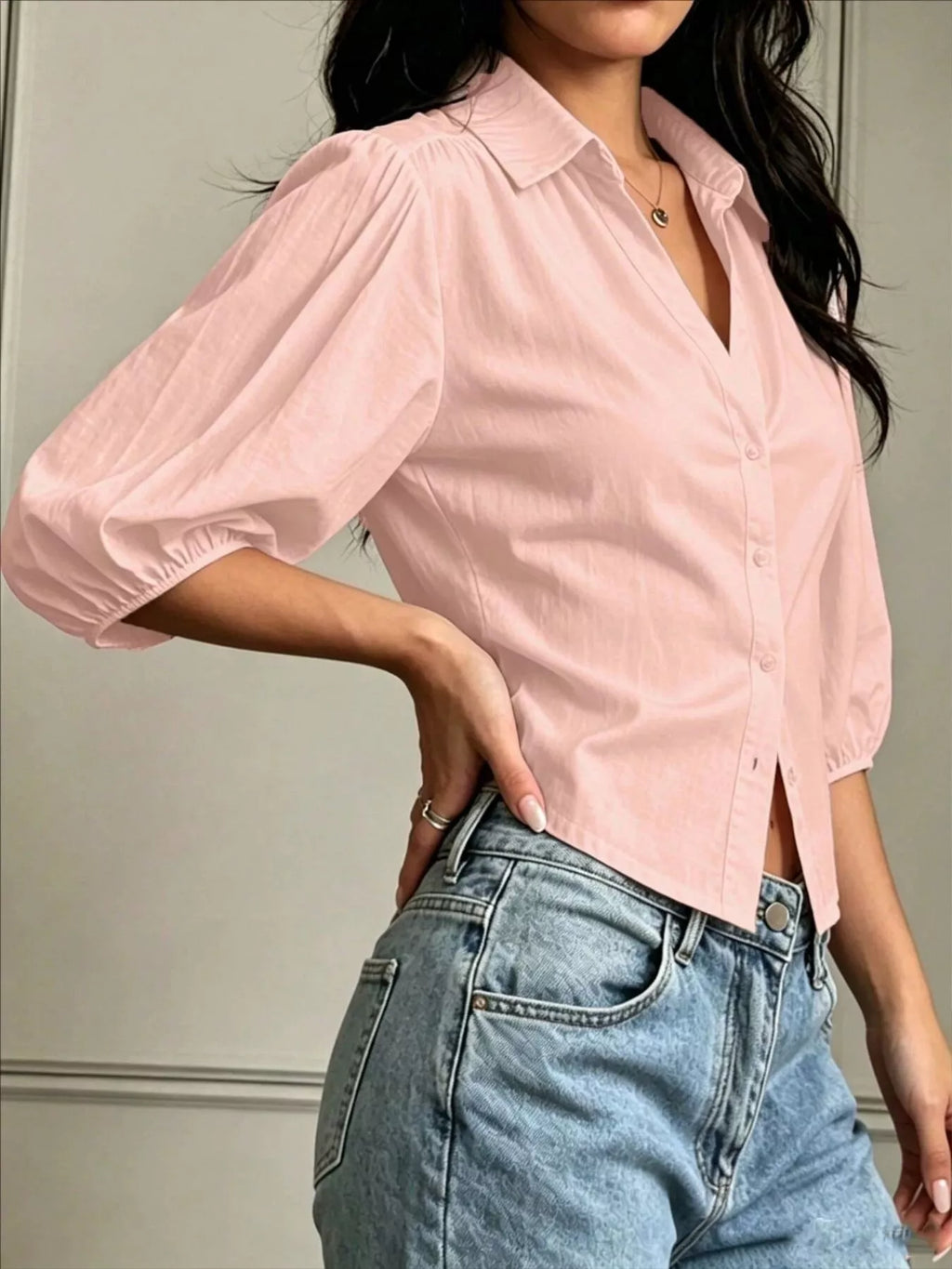 Button-Down Shirt with Puff Sleeves